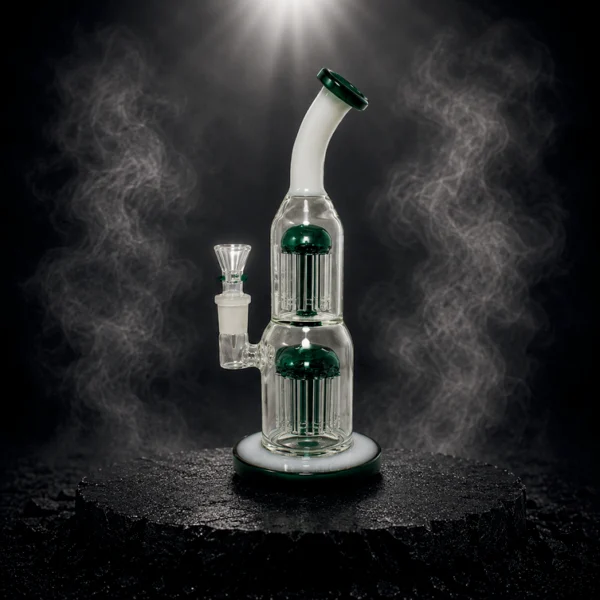 Waterpipe - 12in - Bent Neck - Dual Tree Percs - Multi Color Accents