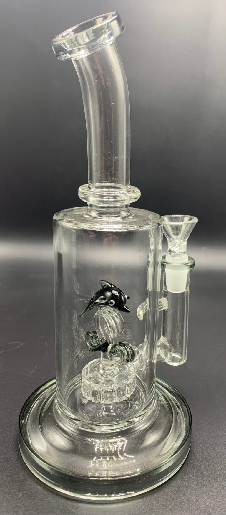 10" Bent Neck Transparent Black Disc Perc and Dolphin with Waves -SKU:A0570