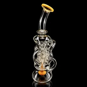 Waterpipe - 7in - Bent Neck - - Recycler - Circular Base - Radial Wheel Perc -Yellow Accents