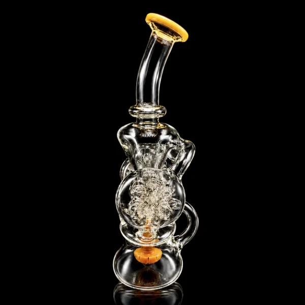 Waterpipe - 7in - Bent Neck - - Recycler - Circular Base - Radial Wheel Perc -Yellow Accents