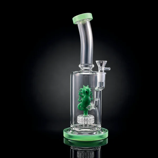 Waterpipe - 10in - Bent Neck - Seahorse Slitted Perc - Jade Green Accents