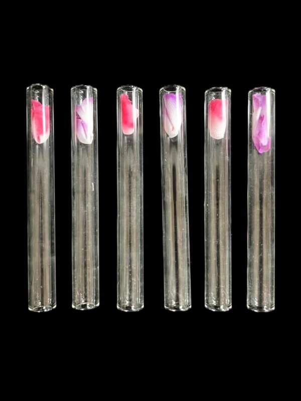 Box of 25 Love Rose 4-inch Chillums, 2mm thick, featuring a delicate rose design. Ideal for smooth smoking experiences and made from durable glass.