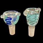 Pack of 2 assorted 14mm male glass bowls, designed for compatibility with standard bongs and rigs, featuring various vibrant colors and unique designs.