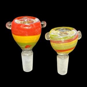 Pack of 2 assorted 14mm male glass bowls with Rasta-themed designs, compatible with standard bongs and rigs, featuring vibrant colors and unique patterns