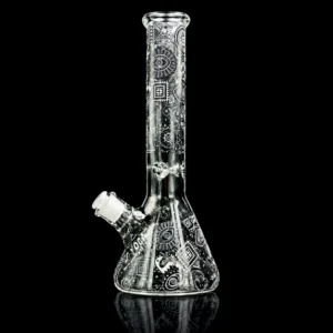 Waterpipe - 14in - Beaker Bottom - Aztec/Mayan Artwork - Ice Pinch - Glow In The Dark