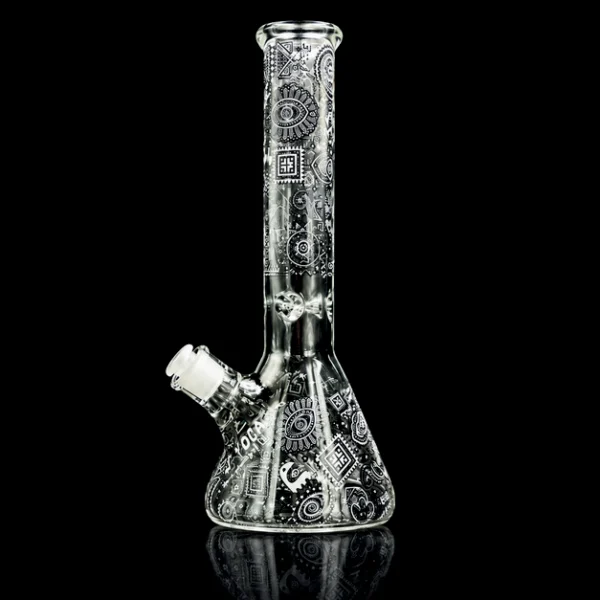 Waterpipe - 14in - Beaker Bottom - Aztec/Mayan Artwork - Ice Pinch - Glow In The Dark