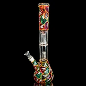 Waterpipe - 12in - Beaker Bottom - Rasta Leaf Mosaic - Dual Perc - Ice Pinch
