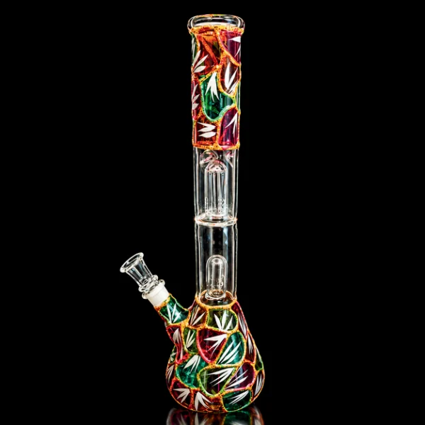 Waterpipe - 12in - Beaker Bottom - Rasta Leaf Mosaic - Dual Perc - Ice Pinch