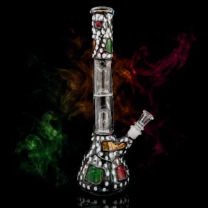 Waterpipe - 10in - Glass Beaker - Green Creature Pattern and Checkered Base