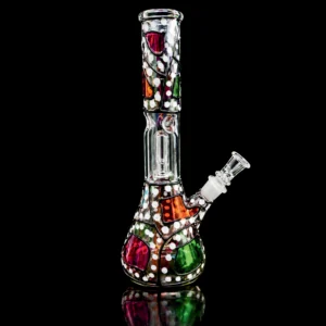 Waterpipe - 12in - Glass Beaker - Green Creature Pattern and Checkered Base