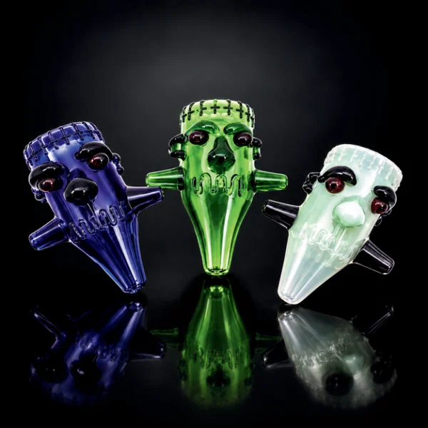 Glass Hand Pipe - 5in - Frankenstein Face - 3 Assorted Colors