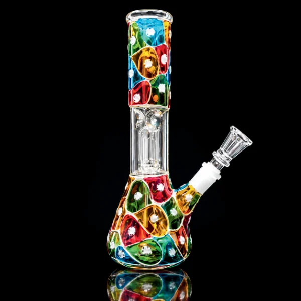 Waterpipe - 8in - Beaker - Single Perc - Asst. Stained Glass Mosiac Designs