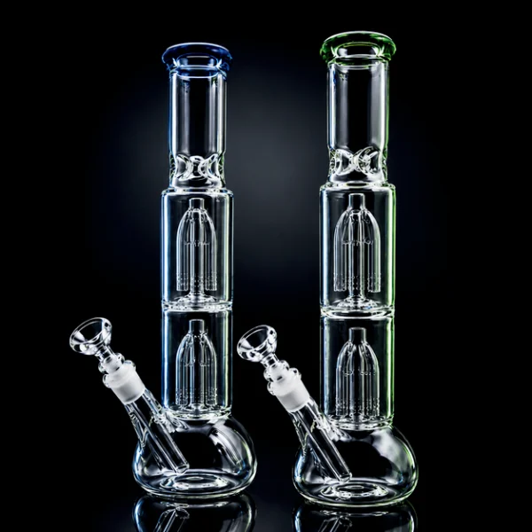 Waterpipe - 14in - Bubble Bottom - Dual Tree Perc - Ice Pinch - Asst. Color Accents
