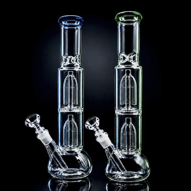 Waterpipe - 14in - Bubble Bottom - Dual Tree Perc - Ice Pinch - Asst. Color Accents