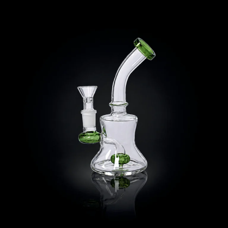Waterpipe - 7in - Bent Neck - Barrel Perc - Bell Shape Chamber - Asst. Color Accents.
