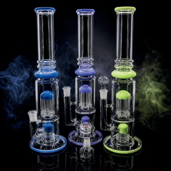 Waterpipe - 16in - Tube Shift - Barrel/Tree Percs - Asst Color Accents