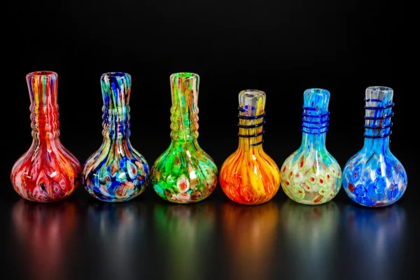 8-inch soft glass in assorted designs and colors; six round-base examples